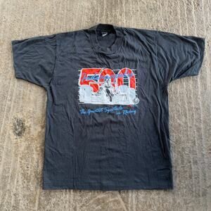 VINTAGE 80S INDY 500 T-SHIRT GRAPHIC FADED BLACK SINGLE STITCH RACING MENS XL